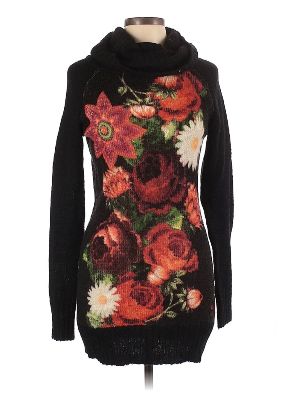 Desigual Black Floral Cowl Neck Women's Sweater Tunic Dress Roses turtleneck